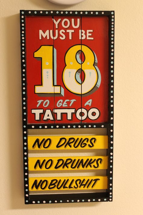 Tattoo Sign, Tattoo Shop Interior, Tattoo Shop Decor, Tattoo Studio Interior, Tattoo Cafe, Tattoo Studio Design, Tattoo Station, Sign Painting Lettering, Tattoo Posters