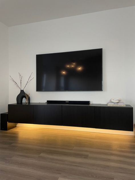 Diy Tv Stand With Led Lights, Floating Tv Shelf With Led Lights, Sleek Tv Cabinet, Aesthetic Tv Cabinet, Floating Tv Cabinet Living Room, Tv Stand Lighting Ideas, Floating Cabinet Living Room, Media Consoles Living Room, Tb Cabinet