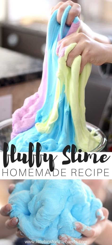 How To Make Fluffy Slime - Little Bins for Little Hands Floam Recipe Shaving Cream, Floam Recipe, Easy Fluffy Slime Recipe, Slime With Shaving Cream, Make Slime For Kids, Slime Science, Cool Slime Recipes, Homemade Slime Recipe, Fluffy Slime Recipe