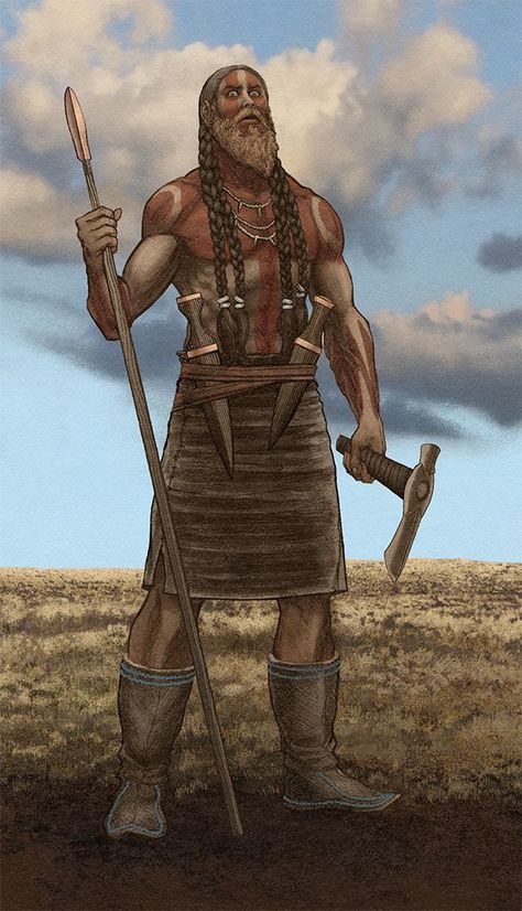 Indo-European warrior from eneolithic Ukraine's Yamnaya or Pit-Grave culture bearing bronze spear and daggers and a stone battle axe. He is wearing ochre war paint and silver hair coils. Art by Christian Sloan Hall Bronze Age Civilization, Historical Warriors, Twitter Artist, Ancient Warfare, Prehistoric Art, Can Drink, 다크 판타지, British People, Twitter Profile