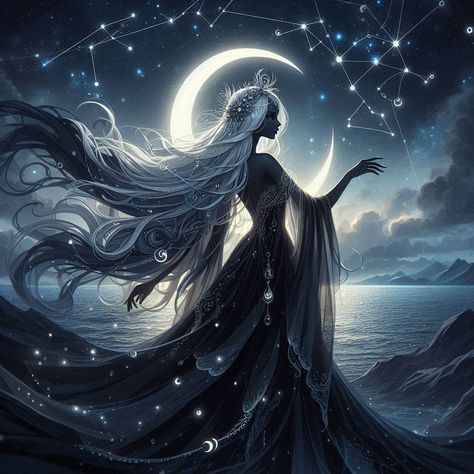 dark moon goddess - Image Creator from Microsoft Designer Cosmic Goddess Aesthetic, Nyx Fanart Goddess, Melinoe Art, Selene Goddess Of The Moon Art, Moon Fairy Aesthetic, Black Moon Goddess, Dark Goddess Aesthetic, Dark Moon Goddess, Moon Goddess Aesthetic