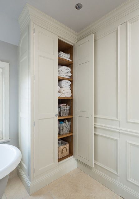 White Bathroom Cupboard Ideas, Bathroom Airing Cupboard Ideas, Cupboard In Bathroom, Panelled Bathroom Walls, Large Bathroom Closet, Wall Panelling Bathroom, Paneled Bathroom, Panelling Bathroom, Bathroom Cupboard Ideas