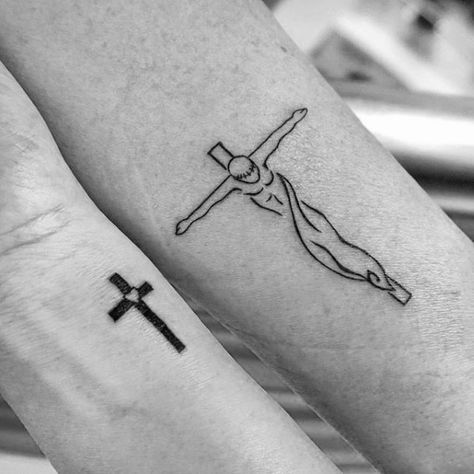 Jesus On The Cross Mens Simple Black Ink Outline Inner Forearm Tattoo Minimal Tatoo, Christian Cross Tattoos, Crucifix Tattoo, Simple Cross Tattoo, Tatuagem Masculina Pequena, Mary Tattoo, Inner Forearm Tattoo, Cross Tattoos For Women, Cross Tattoo For Men