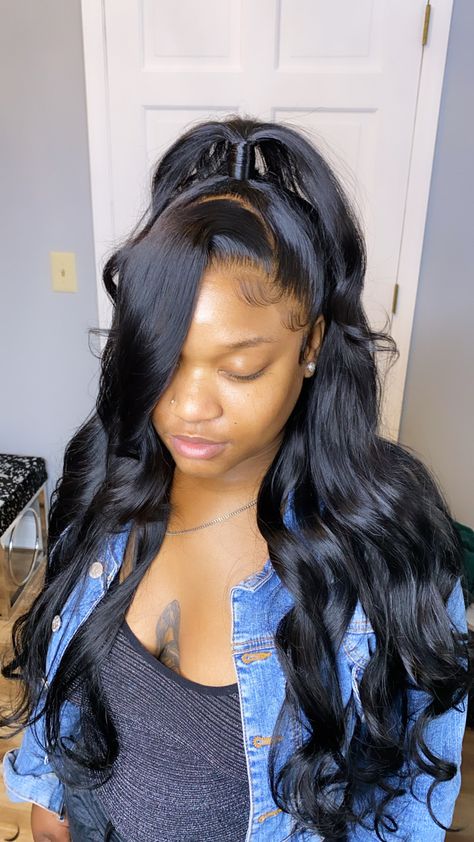 Half Up Half Down Weave With Bangs, Highlights Half Up Half Down Weave, Frontal Wig Hairstyles Straight Half Up Half Down, Half Up Half Down Hairstyles Lace Wig, Hairstyles For Frontals, Half Up And Down With Swoop, Half Up Frontal Hairstyles, Half Up Frontal Wig, Styles With Lace Frontals