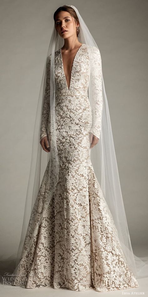 ersa atelier spring 2024 bridal long flare sleeves plunging v neckline embellished lace fit flare mermaid wedding dress chapel train (7) mv -- Ersa Atelier Spring 2024 Wedding Dresses | Wedding Inspirasi  #wedding #weddings #bridal #weddingdress #weddingdresses #bride #fashion #collection:WhiteOrchid #label:ErsaAtelier #week:292024 #year:2024 ~ Ersa Atelier, Wedding Dress Sketches, Modest Wedding Gowns, High Neck Wedding Dress, Neck Wedding Dress, Classy Wedding Dress, Pretty Wedding Dresses, Fancy Wedding Dresses, Fit And Flare Wedding Dress