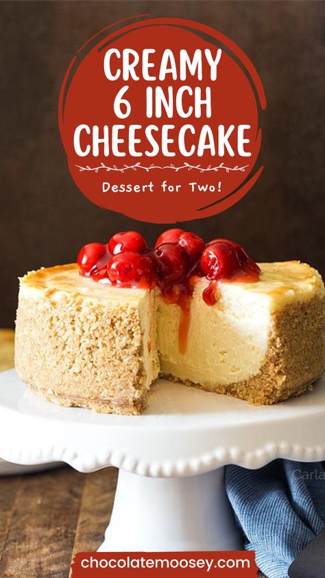 This Creamy 6 Inch Cheesecake is a delicious dessert for two, ideal for any occasion. Garnish with cherry pie filling, whipped cream, and more! This recipe is fairly easy to make, but there are some tips and tricks to ensure the perfect 6 inch cheesecake - click over to the blog to get all the details! 6 Inch New York Cheesecake, Cheesecake Recipes 10 Inch Pan, Dry Cheesecake Recipe, Cheesecake Recipes 16 Oz Cream Cheese, 6 In Cheesecake Recipe, Six Inch Cheesecake Recipes, Regular Cheesecake Recipes, 6in Cheesecake Recipe, 6” Cheesecake Recipes