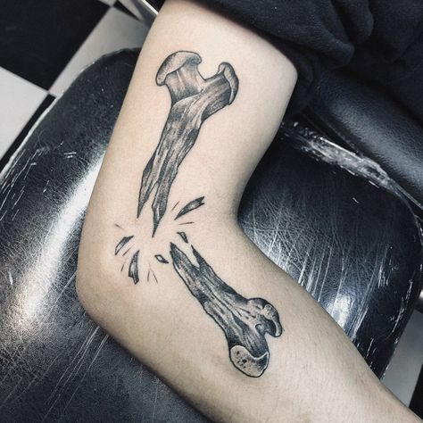 Bone Break Tattoo, Hinge Tattoo Elbow, Skull On Elbow Tattoo, Inner Elbow Tattoo Ideas, Bend Of Elbow Tattoo, Moving Elbow Tattoo, Scraped Knee Tattoo, Inner Elbow Tattoo Men, Knocked Loose Tattoo