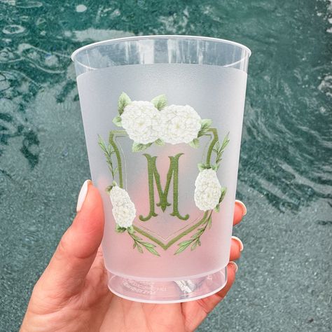 Show off your custom crest with our Full Color Hydrangea Initial Crest Shatterproof Cups. Send us with your custom full color art and we will print in stunning full color on our 12, 16, or 20 oz shatterproof frosted cups - the recommended style of cup from all of our wedding planners. Side two printing available for an extra fee, please see dropdown for available quantities and pricing for 2 sided printing. The artwork in this listing was custom purchased and provided by previous client. These cups are perfect for serving beer, wine, cocktails and soft drinks. Elegant for poolside and bar.  Perfect for venues that do not allow glass any longer. Available in 2 sizes, and a number of colors for customizing any text added to the cups - the cactus come printed as shown.  The cups are reusable. Wedding Drink Cups, Custom Cups Wedding, Wedding Reception Cups, Frosted Wedding Cups, Wedding Miscellaneous, Frosted Cups, Monogram Cups, Wedding Extras, Random Products