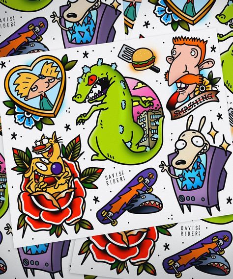 Hittin y'all with some nostalgia, I just put these Classic Nicktoons flash sheets on my store! Limited to 40. davisriderprints.etsy.com (or… Etsy Tattoo, 90s Tattoos, Cartoon Tattoo, Omerta Tattoo, Theme Tattoo, Flash Sheet, 4 Tattoo, Flash Tattoo Designs, Tattoo Flash Sheet