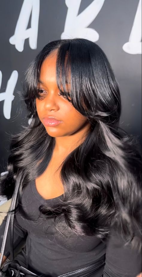 Lace Front Curtain Bangs, Curtain Bangs Black Women Layered, Different Types Of Black Hair, Girl With Black Hair And Curtain Bangs, Sew In Weave With Curtain Bangs, Wigs With Curtain Bangs For Black Women, Curtain Bangs Wig Install, Curtain Bangs Closure, Wig With Curtain Bangs For Black Women