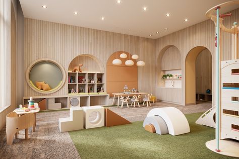 Sutton Tower — Recent Spaces - London-Based Architecture & Design Rendering Agency Modern Daycare Design, Daycare Furniture, Kindergarten Interior, Outdoor Sitting Area, Kids Library, Common Room, Room Screen, Workplace Design, Library Design