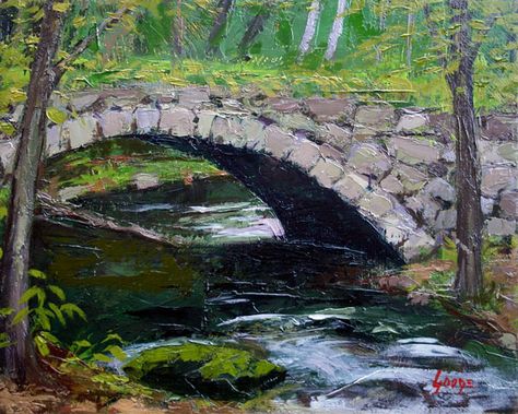 This is the Stone Arch Bridge that crosses the brook by my home. I didn't like the way it was going, so i started painting with a palette knife and it took on a life of it's own Reflection Pond, Landscape Bridge, Stone Arch Bridge, Central Park New York City, Watercolor Scenery, Fall Trees, Wood Pallet Art, Arch Bridge, Stone Arch