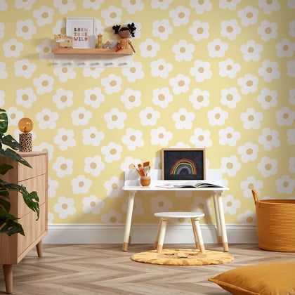 Ditsy Daisy Wallpaper in Lemon Yellow Pastel Yellow Nursery Ideas, Nursery Yellow Walls, Yellow Toddler Room Girl, Girls Yellow Bedroom Ideas, Yellow Nursery Ideas, Yellow Kids Room, Yellow Accent Wall, Yellow Kids Bedroom, Maddys Room