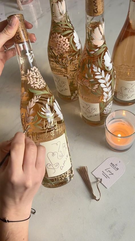 Hollie Yarwood | Special people get the most special treasures 🤍✨ #gifting #giftinspo #giftideas #bridesmaids #summerwedding #weddinginspo #byhollieuk... | Instagram Bridesmaid Gift Diy, Painted Bottles Diy, Homemade Bridesmaid Gifts, Bottles Decoration Ideas, Wedding Painting Gift, Painting Wine Bottles, Champagne Bottle Decoration, Wine Wedding Gift, Wine Bottle Wedding Gift