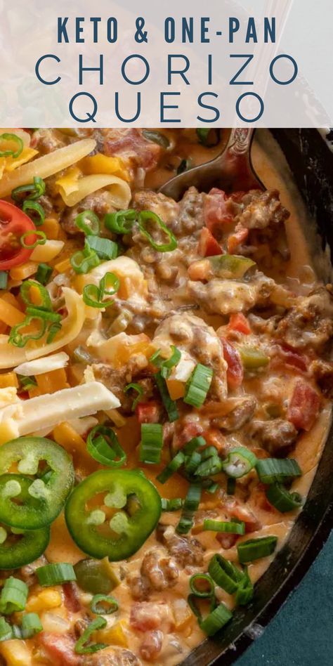 This easy Chorizo Queso Skillet is loaded with vegetables, meat, and cheese! This dish requires just one pan and is ready in less than 20 minutes! Chorizo Recipes Dinner, Chorizo Queso, Chorizo Recipes, Keto Recipes Dinner, Keto Snacks, Meal Ideas, Appetizer Snacks, Skillet, Easy Dinner Recipes