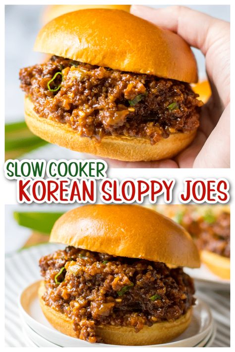 Slow Cooker Korean Beef Sloppy Joes - Life With The Crust Cut Off Slow Cooker Korean Ground Beef, Korean Sloppy Joe Recipe, Sloppy Joe Slow Cooker Recipe, Korean Bbq Sloppy Joes, Korean Sloppy Joes, Beef Sloppy Joes, Bbq Sloppy Joes, Crock Pot Sloppy Joes, Foods Dinner