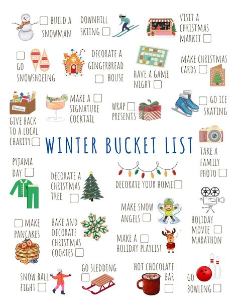 "This INSTANT DOWNLOAD Printable Winter Bucket List allows you to check off 24 different great way to celebrate Winter! All you need to do is simply download and print as many copies as you would like! *INCLUDED*  - 8.5x11 PDF After Purchase: -Once you have purchased this item you will instantly have access to the Etsy download page and you will also receive a download link in your email. -Click \"download\" and save the file to your computer. -You can also follow this link: https://www.etsy.com/your/purchases and then to the right of your order, click to \"Download Files\" -Simply print your file at home and you are ready to go INSTANT DIGITAL DOWNLOAD (no physical print will be mailed to you) You will receive an e-mail from Etsy with your downloadable PDF link after your payment is confi Christmas Time Bucket List, Winter Date Bucket List, Fall/winter Bucket List, Cute Winter Activities, Winter Todo List, Winter List Things To Do, Kids Winter Bucket List, Stuff To Do In Winter, Winter Bucketlist Ideas