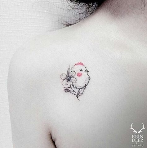 Chicken And Flower Tattoo, Small Chicken Tattoo Simple, Baby Chick Tattoo, Cute Chicken Tattoo, Chicken Tattoos For Women, Little Chicken Tattoo, Small Chicken Tattoo, Chicken Tattoo Ideas, Chick Tattoo