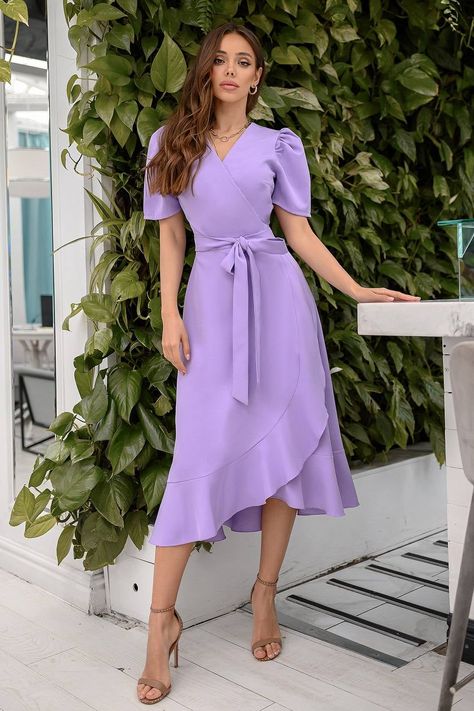 Fabric: crepe diagonal Cotton 65%, Polyester 35% Dress length 123 cm/ 48,4 in  Long-sleeve dress Midi length  Wrap dress Short Sleeve Collarless Available colors: Tiffany blu, Lavender, Whtie Lavender Dress Casual, Vestido Color Lila, Purple Dress Outfits, Lavender Midi Dress, 1920s Evening Dress, Purple Wrap Dress, Lila Dress, Formal Dress Patterns, Light Purple Dress