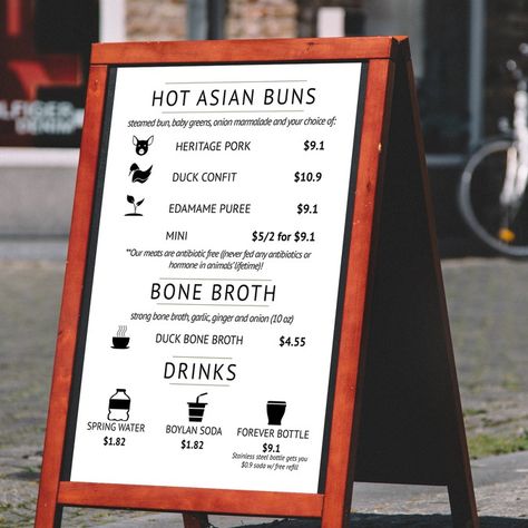 Menu Board Ideas Diy, Food Truck Menu Display Ideas, Food Truck Menu Design, Food Truck Menu Board Ideas, Food Truck Menu Board, Menu Board Ideas, Asian Buns, Chalk Menu, Bbq Food Truck