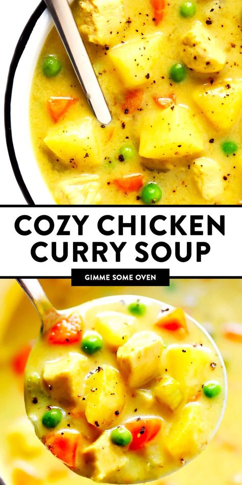 This Cozy Chicken Curry Soup recipe is made with tender chicken, hearty potatoes and veggies, and the most delicious Indian creamy coconut curry broth. It's the perfect easy dinner recipe during the wintertime, and so comforting and delicious! | gimmesomeoven.com #chicken #soup #curry #indian #glutenfree #comfortfood #mealprep #dinner Indian Curry Soup, Chicken Curry Soup Recipe, Creamy Coconut Curry, Curry Broth, Mealprep Dinner, Curry Soup Recipes, Soup Curry, Potatoes And Veggies, Chicken Curry Soup