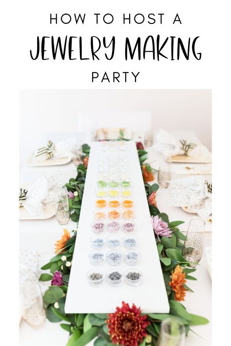 How To Throw A Charcuterie Party, Jewelry Party Games, Craft Event Ideas, Jewelry Theme Party Ideas, Charm Making Party, Bead Party Ideas, Jewelry Making Party Ideas, Jewelry Birthday Party, Bracelet Party Ideas