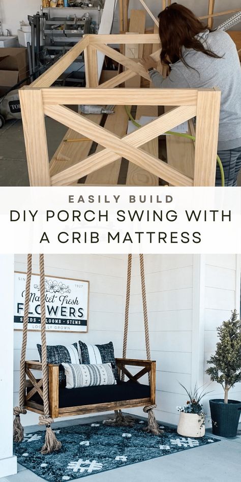 Front Porch Hammock Ideas, Backporch Oasis Diy, Small Porch Furniture Ideas, Large Porch Decorating Ideas, Homestead Hobbies, Diy Swing Frame, Open Front Porch Ideas, Diy Porch Railing, Chair Diy Ideas