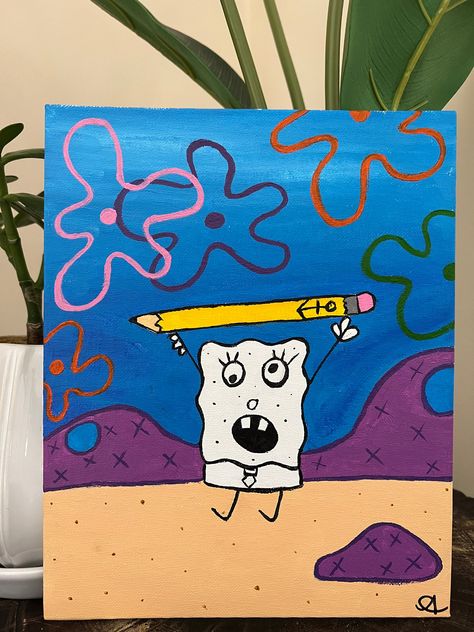 8x10 acrylic spongebob painting on canvas board / made with love <3 Cocomelon Painting Ideas, Easy Painting Ideas On Canvas Spongebob, Cool Paintings Ideas Easy, Beginners Painting Ideas, Easy Paint Patterns, Paint Marker Paintings, Baddie Paintings Canvas Ideas, Big Canvas Painting Ideas Acrylic Easy, Cute Canvas Drawings