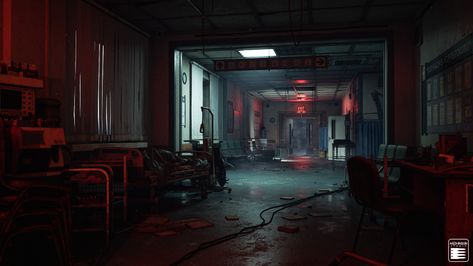 Zombie Apocalypse Hospital, Post Apocalyptic Hospital, Post Apocalyptic Home, Research Facility Concept Art, Dystopian Hospital, Horror Environment Concept Art, Apocalypse Hospital, Biohazard Aesthetic, Dark Hospital