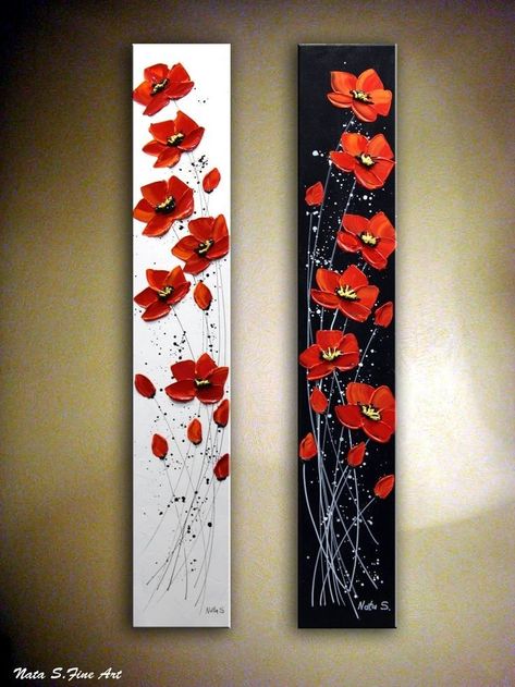 Two Part Paintings, Painting On Two Canvases, Poppy Flower Painting Acrylics, 2 Paintings Side By Side, Flower Painting On Wall, Vertical Painting Ideas, Poppy Painting Acrylic, Black And Red Painting, Long Canvas Painting Ideas