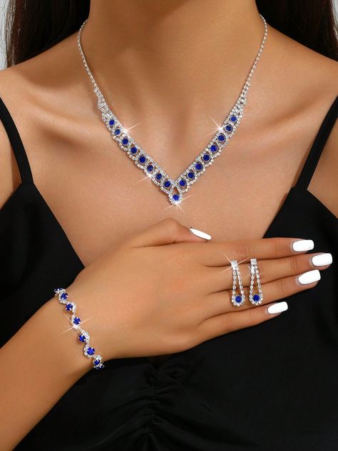 European And American Bridal Jewelry Set - 4pcs Blue Rhinestone Necklace, Earrings, Bracelet Set, Suitable For Evening Dinner, Party, Senior DecorationI discovered amazing products on SHEIN.com, come check them out! Prom Dress Jewelry, Evening Dinner Party, Beautiful Profile, Beautiful Profile Pictures, Evening Dinner, Bridal Jewelry Set, Plants Indoor, Dress Jewelry, Prom Dresses Blue