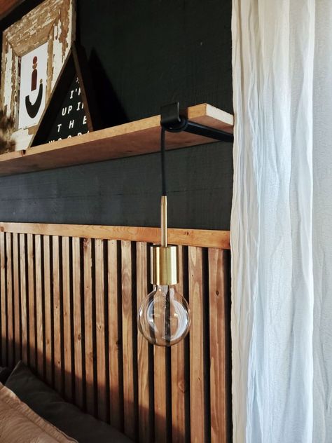 DIY slat wall headboard, pluse shelf using @diycartel steel brackets and @amazon pendant lights. Budget Room Refresh: Master Bedroom - K.B. Design Home . #diyheadboard #slatwall #metalbrackets #steelbrackets #diyshelf #pendantlights #moodybedroom #blackpaint Slatted Wall Behind Bed, Wood Slat Half Wall Bedroom, Wood Slats On Wall Diy, Bedroom Ideas Headboard Wall, Slat Wall Headboard Diy, Slatted Headboard Wall, Slatwall Headboard, Slat Wall Bedroom Headboards, Headboard Wall With Shelves