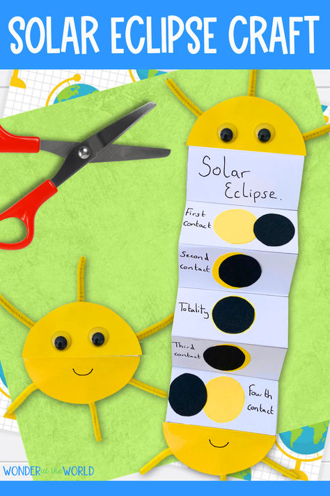 Solar eclipse foldable craft Solar Eclipse Activity Kinder, Solar Eclipse Lesson First Grade, Eclipse Lessons Kindergarten, Solar Eclipse Food Activity, Solar Eclipse School Party, Eclipse Learning Activities, Kids Eclipse Crafts, Total Eclipse Homeschool, Eclipse Homeschool Ideas