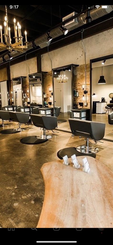 Goth Hair Salon, Dark Hair Salon, Dark Salon Aesthetic, Moody Hair Salon, Warehouse Salon, Dream Salon, Salon Lighting, Exposed Ceilings, Hair Salon Design