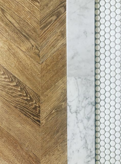 Wood To Tile Bathroom Transition, Tile To Wood Threshold, Herringbone To Tile Transition, Penny Tile Transition, Marble Threshold Bathroom, Penny Tile And Marble Bathroom, Marble Floor Transition, Marble Threshold Transition, Marble Penny Tile Bathroom