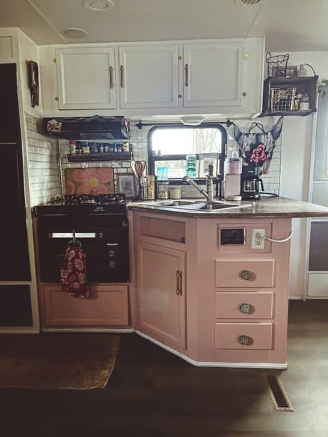 44 Beautiful RV Kitchen Remodels | RV Inspiration Rv Kitchen Remodel, Renovated Rv, Rv Cabinets, Rv Inspiration, Faux Brick Walls, Rv Kitchen, Off Brand, Rv Renovations, Small Closets