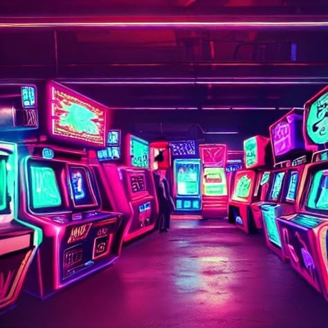 #arcade #retrowave #1980s #oldschool #art Abandoned Arcade Aesthetic, Dark Arcade, Arcade Wallpaper Aesthetic, Arcade Background Aesthetic, Arcade Reference, 1980s Arcade, 2000s Arcade Aesthetic, Anime Arcade, 70s Arcade