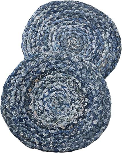 Fennco Styles Gênes Collection Chindi Placemats 15 Inch Round, Set of 2 - Denim Design Place Mats for Home Décor, Banquets, Wedding and Special Events Straw Placemats, Linen Runner, Denim Set, Hosting Thanksgiving, Woven Placemats, Table Placemats, Linen Placemats, Modern Ceramics, Kitchen Products