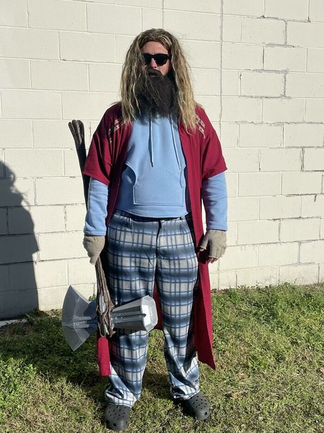 What Do You Guys Think Of My Thor Costume For Halloween? Pretty Stoked To Have The Body Of A Superhero For Once Diy Thor Costume For Men, Superhero Costume Men, Thor Costume Mens, Thor Halloween Costume Women, Halloween Costumes For Dads, Men Cosplay Ideas, Fat Thor Costume, Funny Superhero Costumes, Halloween Costumes Marvel