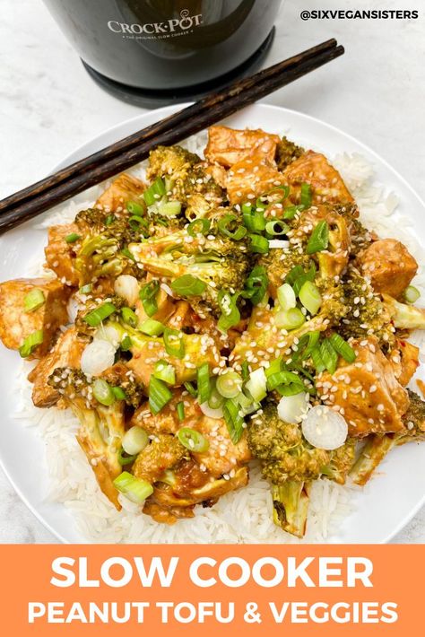 Slow Cooker Peanut Tofu & Broccoli made easy thanks to Crockpot™ #vegan #crockpot #crockpotrecipes #veganfood #crockpotideas #ad Tofu Slow Cooker Recipes, Tofu Crockpot Recipes, Ninja Possible Cooker Recipes, Slow Cooker Recipes Uk, Six Vegan Sisters, Tofu Broccoli, Peanut Tofu, Chopped Broccoli, Vegan Slow Cooker Recipes