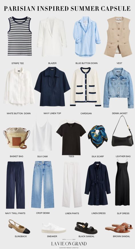 22 pieces part of a parisian inspired capsule to wear this summer season and what to wear in Paris. Paris Summer Outfits 2024, Summer Capsule Wardrobe 2024, Packing Capsule, Summer Wardrobe Capsule, Dress Like A Parisian, Parisian Outfits, Wardrobe Minimalist, Dress Smart, Capsule Wardrobe Women