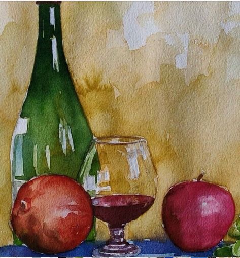 Life Still Painting, Still Life Objects Painting, Watercolour Painting Still Life, Object Watercolor Paintings, Glass Still Life Drawing, Painting Of Glass Objects, Watercolor Still Life Simple, Still Life Drawing Painting, Water Colour Fruit Painting