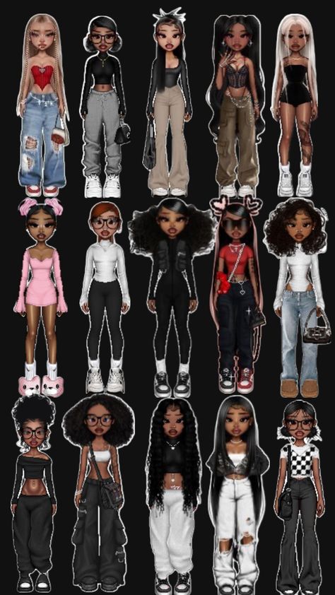 Brats Outfits Inspiration, Brats Dolls Outfit Ideas, Black Bitmoji Outfits, Hood Outfits Baddie, Cartoon Outfits Ideas Inspiration, Bratz Fashion Inspiration, Bratz Dolls Outfits, Bratz Outfits Style, Imvu Baddies Outfits