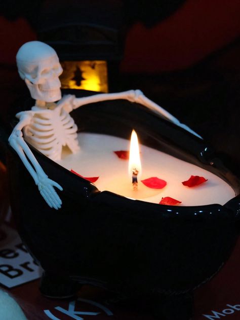 Unique Skeleton Halloween Candle✦Are you still looking for something special for your Halloween party decorations? Our this unique Halloween candle can be your fantastic indoor decor idea! Scary and exquisitely detailed skeleton is taking a "milk bath" with rose petals, (note: milk bath is soy wax, not real milk). When you light up the candle, you can see the skeleton lying in that cute bathtub with a romantic cozy but creepy feeling, which is a perfect decoration for a Halloween themed party! Cute & Scary Original Design✦Our new designed gothic style candle is terrifying and realistic, it is not only a decoration idea, also a cute lavender scented candle, you can light it up in your bathroom when you taking a relaxing bath. You also can reuse that bathtub as ashtray after the wax burned o Gothic Decorations Party, Cute Bathtub, Pool Noodle Candles, Scary Candles, Special Candles, Cool Candles, Drippy Candles, Skeleton Candle, Vampire Decor