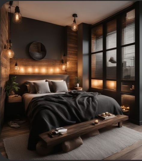 Men Apartment Aesthetic, Bedroom Ideas For Married Couples, Dark Minimalist Bedroom, Man Bedroom, Minimalist Bedroom Decor, Moody Bedroom, Minimalist Bedroom Design, Black Bedroom, Dream Room Inspiration