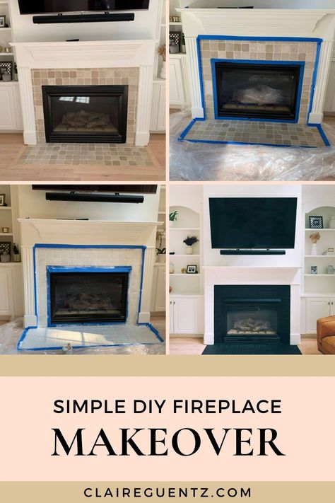 Hearth DIY: Earlier than & After - Claire Guentz- #CLAIRE #DIY #Fireplace #Guentz Check more at https://howcandothis.com/homedecoration/hearth-diy-earlier-than-after-claire-guentz/ Chimney Tile Fireplace Makeovers, Fireplace Mantle Angled Wall, Trailer Fireplace Makeover, Ceramic Fireplace Makeover, Gas Fireplace Before And After, Diy Redo Fireplace, Re Tile Fireplace Diy, Remodel Gas Fireplace, Repainted Brick Fireplace