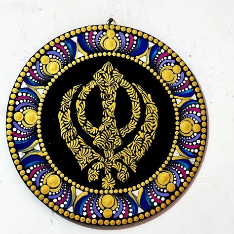 ☬ Khanda The Khanda symbol depicts the Sikh doctrine Deg Tegh Fateh in emblematic form. It is also part of the design of the "Sikh national flag", the Nishan Sahib. A double edged sword (also called Khanda) is placed at the top of a Nishan Sahib flag as an ornament or finial. Two single-edged swords, or kirpans, are crossed at the bottom and sit on either side of the Khanda symbol and Chakkar. They represent the dual characteristics of Miri-Piri, indicating the integration of both spiritual and Khanda Sahib, Nishan Sahib, Nanak Jayanti, Guru Nanak Jayanti, Guru Nanak, Dot Mandala, National Flag, Swords, Printmaking