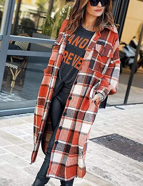 Peaceglad Women's Lounge Lapel Button Up Long Sleeve Plaid Long Shirt Jacket Shacket(Orange-Red,L) at Amazon Women’s Clothing store Preppy Granny, Long Plaid Coat, Plaid Trench Coat, Shirt Collar Styles, Plaid Sleeve, Loose Coats, Langer Mantel, Mode Boho, Long Trench Coat