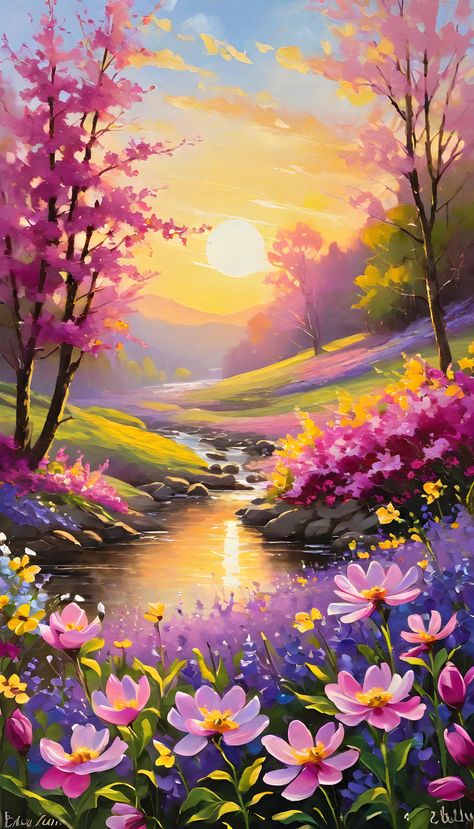 Flowers Scenery Painting, Flower Landscape Painting Acrylic, Simple Landscape Pictures, Beautiful Nature Painting, Spring Season Painting, Spring Scenery Painting, Nature Scenery Painting, Watercolor Scenery Painting, Loving Others