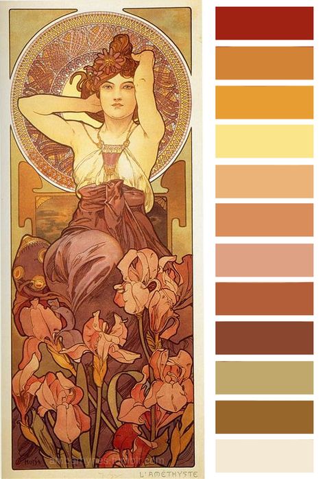 amberhynes: “Colour palette based on The Amethyst by Alphonse Mucha. “Want more palettes? ” ” Nouveau Color Palette, Art Nouveau Color Palette, Rgb Palette, Motifs Art Nouveau, Vintage Colour Palette, 달력 디자인, Mucha Art, Art Nouveau Illustration, Color Palette Challenge